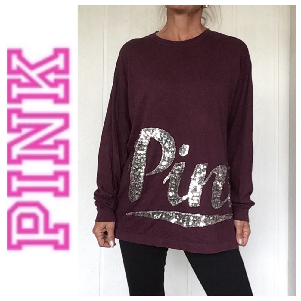 PINK VICTORIAS SECRET OVERSIZED SEQUIN LONG SLEEVE TEE SHIRT MEDIUM